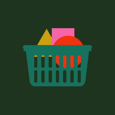 Icon of a teal shopping basket with colorful items on a green background