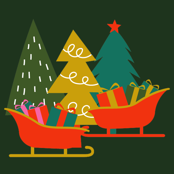 Illustration of two red sleighs with Christmas presents in front of decorated trees on a green background.